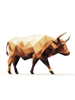 Geometric low poly style bull illustration in brown and beige tones, depicting a powerful animal figure with angular shapes and polygonal design.