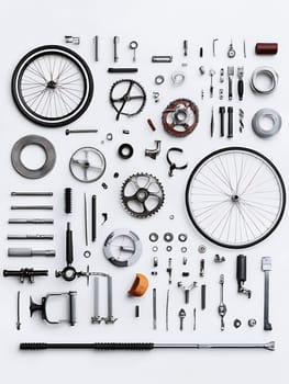Organized layout of disassembled bicycle parts including wheels, gears, chains and tools on white background, representing mechanical engineering concept.