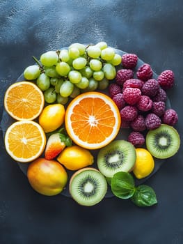 Vibrant assortment of fresh fruits including oranges, kiwi, raspberries, grapes and mango on dark background, healthy eating concept.