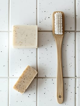 A bamboo toothbrush paired with natural soaps on a speckled tile surface, promoting sustainable hygiene.