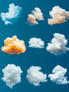 Collection of white and orange cumulus clouds isolated on deep blue sky background with copy space.