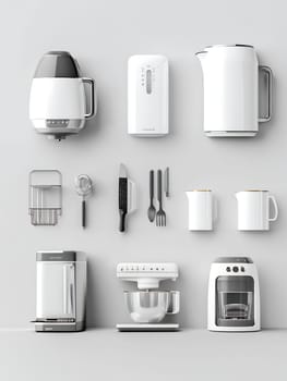 Minimalist white kitchen appliances and utensils organized on gray background, modern home equipment flat lay with copy space.