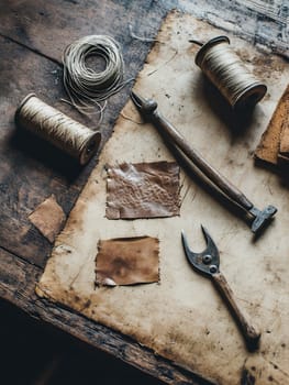 Rustic leather crafting tools and materials spread on a wooden table, highlighting traditional craftsmanship.
