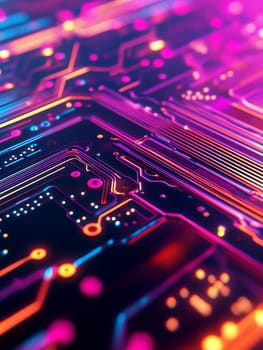 Vibrant pink and blue circuit board with detailed electronic pathways and connections, creating a futuristic technological pattern.