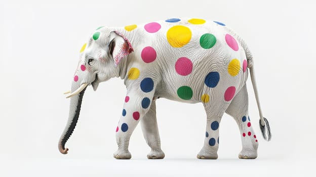 A captivating photoshoot featuring a real elephant adorned with vibrant, colored spots against a clean white background. This unique image showcases the elephant’s natural beauty combined with artistic, colorful accents, creating a playful yet majestic effect.