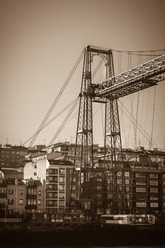 The Bizkaia suspension transporter bridge (Puente de Vizcaya) in Portugalete, Spain. The Bridge crossing the mouth of the Nervion River.