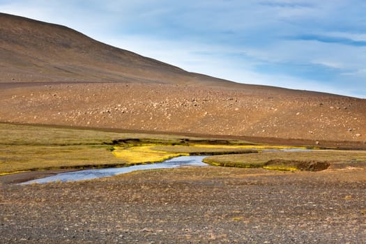 Summer Iceland Landscape with River, Mountains and Bright Blue Sky