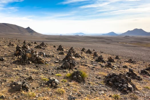 Landscape with Pyramids from stones, Iceland. Horizontal shot