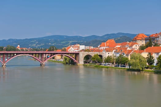 Skyline of Maribor city embankment in the sunny day, Slovenia