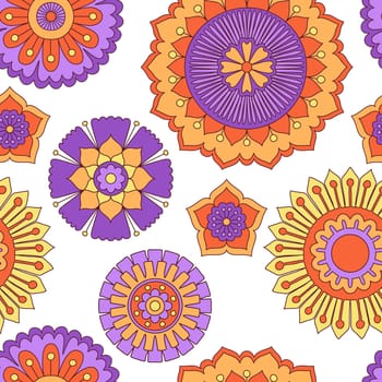 Seamless doodle flowers pattern. Hand drawn tribal concept. Boho and ethnic style mandala. Decorative art for birthday cards, wedding and baby shower invitations, scrapbooking. Vector illustration.