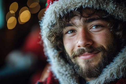 A young adult with curly hair and a beard smiles warmly while wearing a cozy winter hood amidst festive decorations.