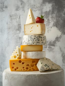 Gourmet cheese tower arrangement featuring various types of artisanal cheeses including blue cheese, soft and hard varieties, decorated with fresh strawberry.