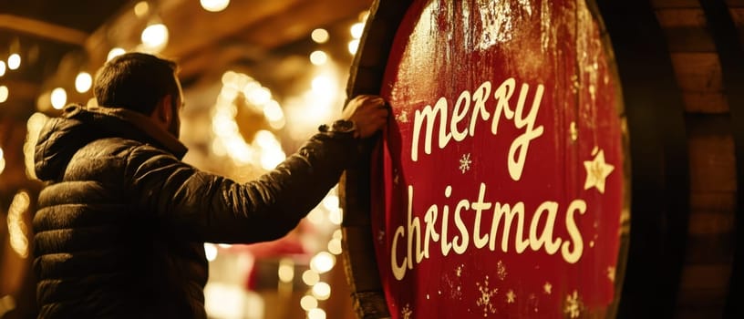 A man stands close to a large festive sign wishing Merry Christmas at a holiday market adorned with twinkling lights during the evening.