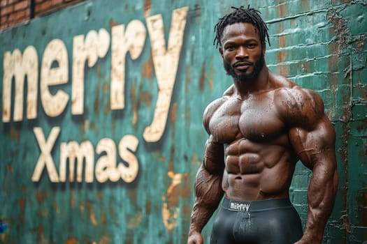 A muscular bodybuilder stands proudly against a colorful wall wishing a merry Christmas while showcasing strength and determination.