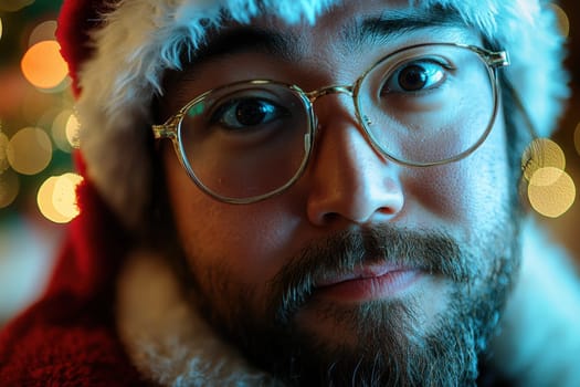 A young man wearing festive clothing and glasses smiles warmly surrounded by soft holiday lights during a cheerful gathering.