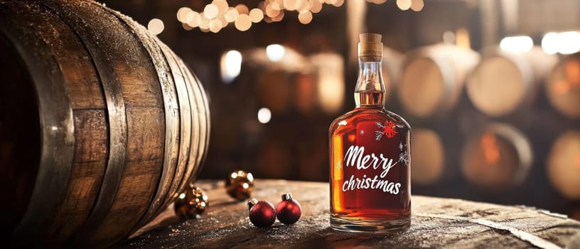 A festive bottle with a Merry Christmas inscription rests on a wooden table surrounded by barrels and holiday decorations.