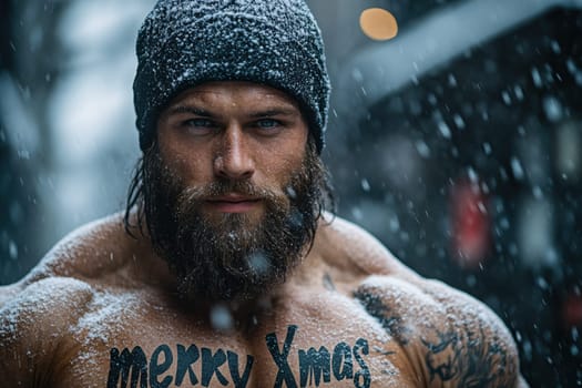 A strong man with a beard stands outdoors while snowflakes fall around him creating a winter wonderland ambience in the city.