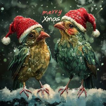Two vibrant birds in red Christmas hats stand together on a snowy ground surrounded by a joyful winter atmosphere with soft snowfall.