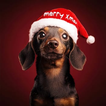 A small dog in a cheerful Christmas hat looks festive against a rich red background embodying holiday spirit and joy.