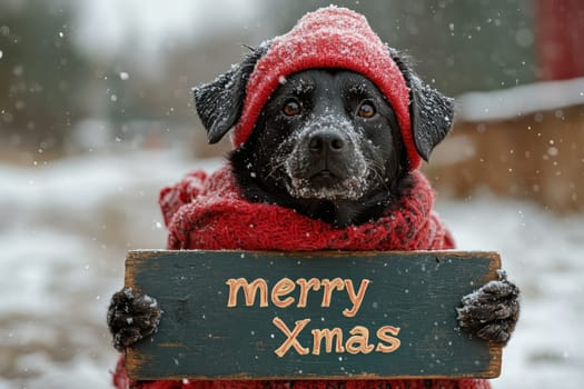 A black dog dressed in festive attire holds a sign wishing everyone a Merry Christmas while surrounded by a snowy landscape.