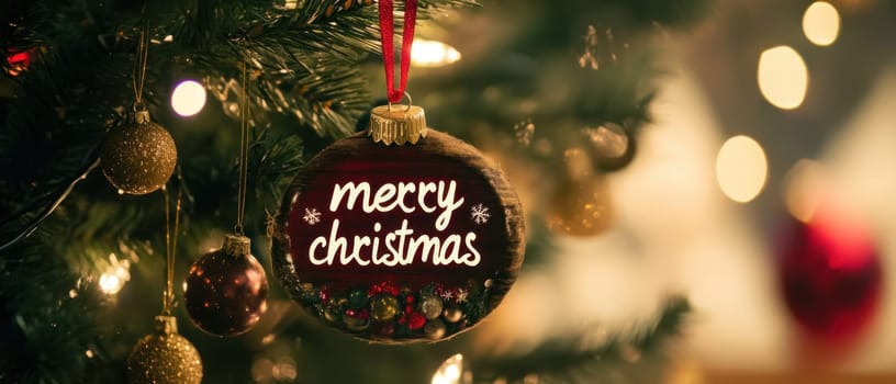 A beautifully crafted ornament reading mercy Christmas hangs from a lush green Christmas tree adorned with twinkling lights.