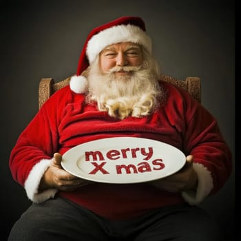 A jolly figure dressed as Santa Claus smiles while holding a plate that reads merry X mas spreading holiday cheer indoors.