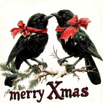 Two blackbirds perched on branches wear festive red ribbons to celebrate the Christmas season in a charming decorative style.