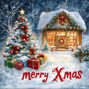 A charming cottage adorned with holiday decorations presents and snow creating a warm festive atmosphere during winter.