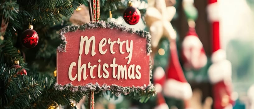 A cheerful decoration featuring a Merry Christmas sign hanging from a beautifully decorated tree adorned with ornaments.