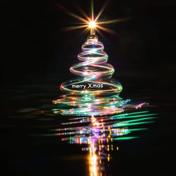 A shimmering Christmas tree made of light waves stands elegantly on water creating colorful reflections during the festive season.