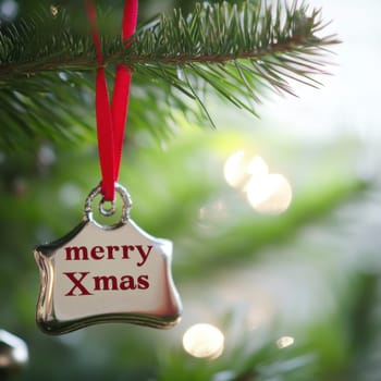 A festive ornament with the message Merry Xmas adorns a lush green Christmas tree radiating holiday cheer and warmth.