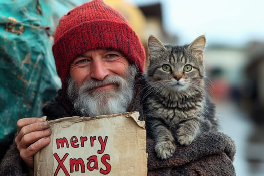 A joyful man wearing a red hat and warm clothing stands outside with a cat on his shoulder holding a cheerful Christmas sign.
