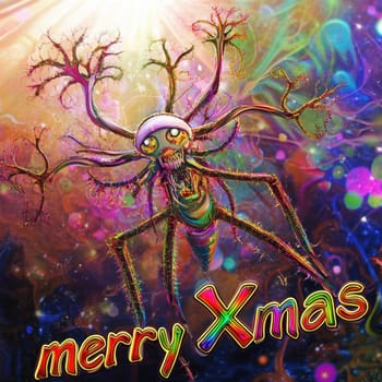 A colorful creature with trees for arms celebrates Christmas with a joyful message. Its vibrant colors capture a festive spirit in a whimsical style.