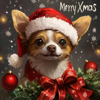 A cheerful Chihuahua dressed in a Santa hat and red scarf surrounded by holiday decorations and snowflakes celebrating Christmas joyfully.