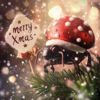 A festive bug in a Santa hat sits on a green twig holding a sign that says Merry Christmas with sparkling lights behind it.