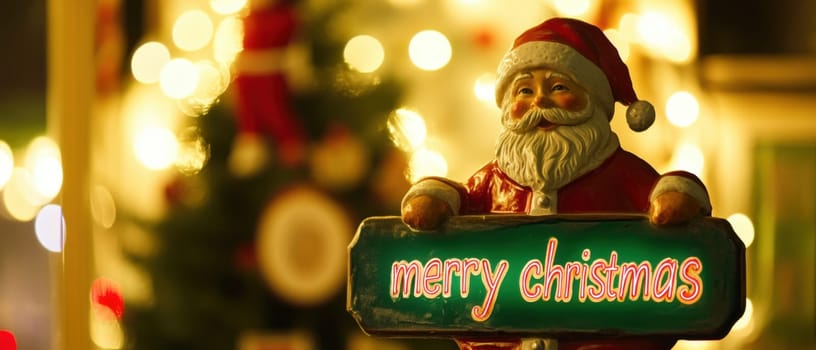 A cheerful Santa Claus figurine stands with a Merry Christmas sign decorated with holiday lights in a festive setting.