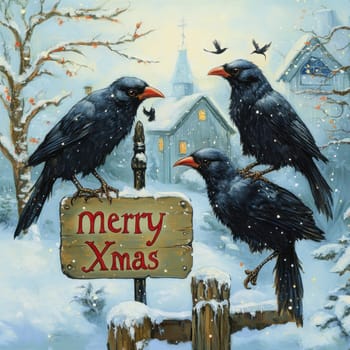 Three black birds perch on a festive sign in a snowy village surrounded by quaint houses and a serene winter landscape.