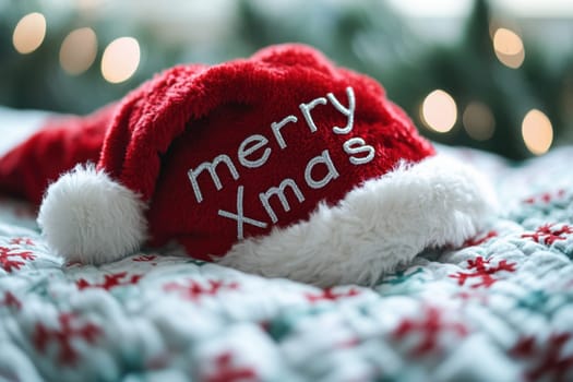 A soft red Christmas hat rests on a patterned blanket with subtle holiday decorations in the background invoking a warm seasonal feeling.