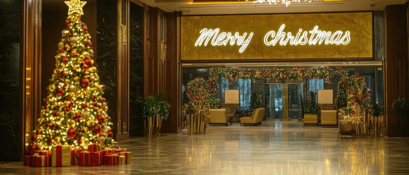A beautifully decorated hotel lobby features a large Christmas tree and a glowing holiday message creating a warm festive atmosphere.