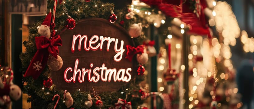 A cheerful display features a Merry Christmas sign adorned with festive decorations creating a warm holiday atmosphere in a bustling market.