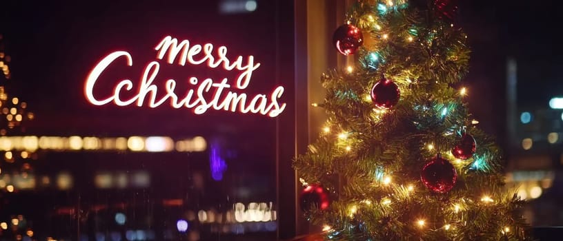 A beautifully decorated Christmas tree glows with vibrant lights and ornaments beside a cheerful holiday greeting in a cozy atmosphere.