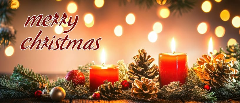 Festive candles glow among pinecones and ornaments creating a cozy atmosphere for the Christmas celebration.