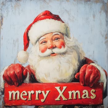 A cheerful Santa Claus with a white beard and red outfit holds a festive sign that says Merry Christmas while smiling warmly.