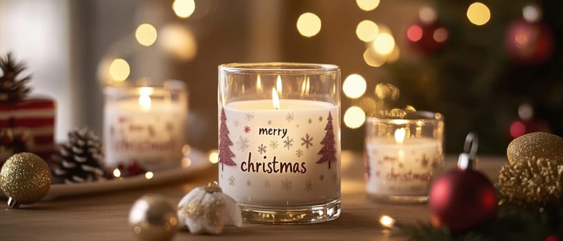 Three decorated candles light up a warm Christmas atmosphere surrounded by festive ornaments and a beautifully adorned tree.