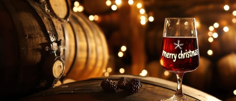 A glass of mulled wine sits on a wooden barrel amidst festive lights creating a warm holiday atmosphere in a rustic setting.