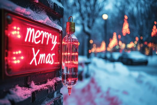 A festive red sign saying Merry Xmas lights up a snowy street lined with twinkling decorations and trees in the evening glow of winter.