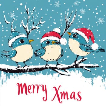 Three cheerful bluebirds wearing Santa hats gather on a branch while snowflakes fall creating a festive holiday atmosphere.