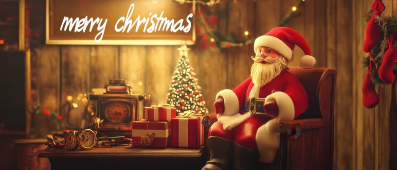 Santa Claus relaxes in a cozy chair surrounded by gifts and a decorated tree capturing the spirit of the holiday season.