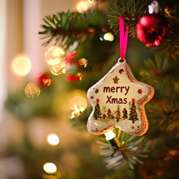 A star shaped ornament with Merry Xmas text hangs on a Christmas tree surrounded by glowing lights and colorful decorations.