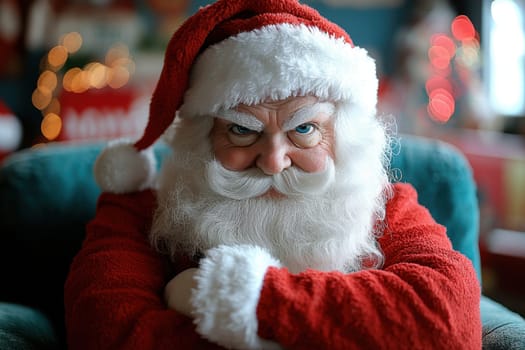 A festive Santa Claus crosses his arms with a serious look set against a colorful background filled with holiday decorations.